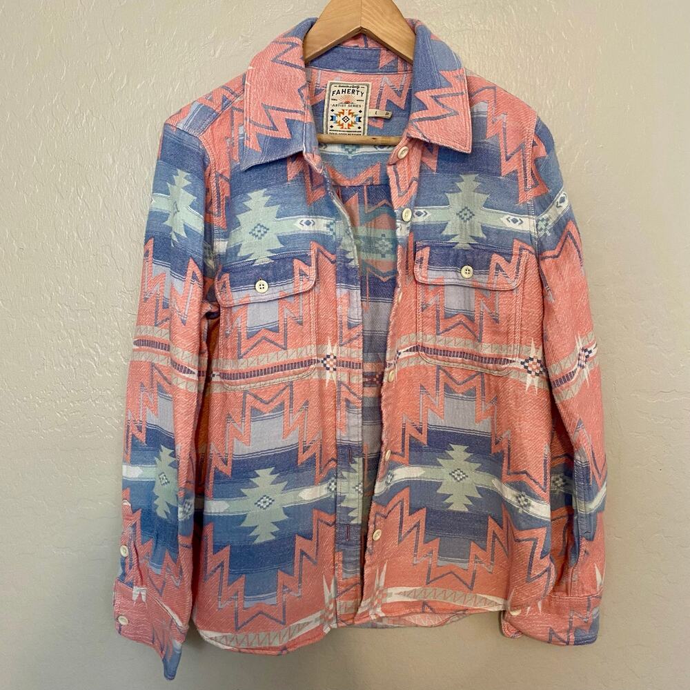 Faherty Doug Good Feather Daly Shirt Womens Sz Large Aztec Southwest Organic